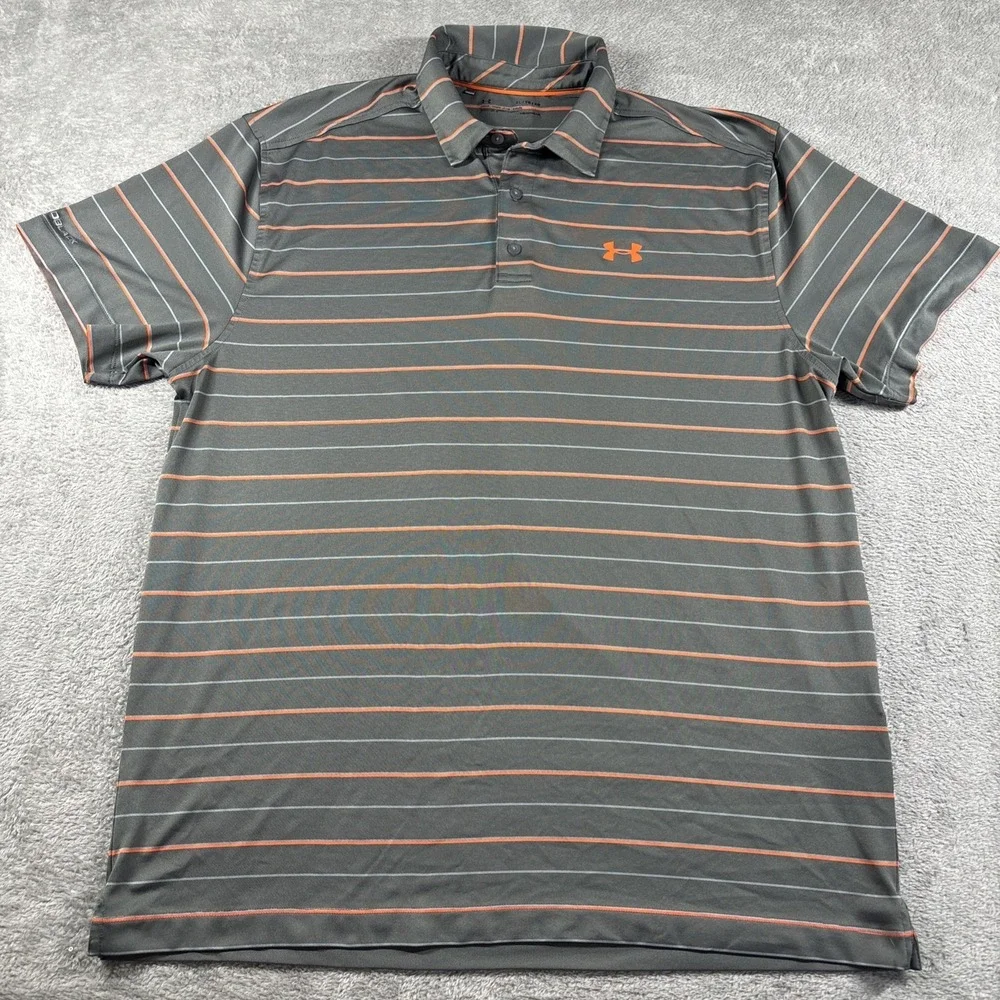 Under Armour Gray Orange Striped Loose Fit Golf Polo Shirt‎ Performance Mens XL